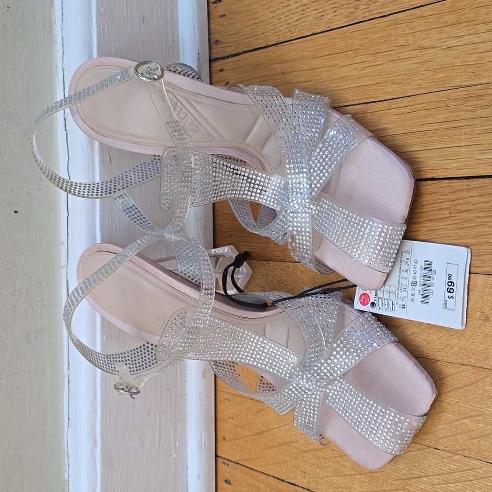 NWT, Zara, Rhinestone Architectural Heel Sandals, Clear, Women's 7.5